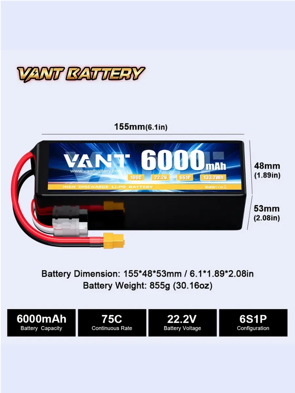 Аккумулятор для квадрокоптера FPV LiPo 6S 6000mah 100C XT60