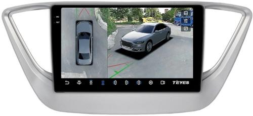 Магнитола для Hyundai Solaris 2 2017-2022 / Solaris HS (без штатной КЗВ, рамка серебро) - Teyes CC3-2K-360 монитор 9.5" 2K QLED на Android 10, Быстрая, CarPlay, 4G SIM-слот, 4 камеры в комплекте