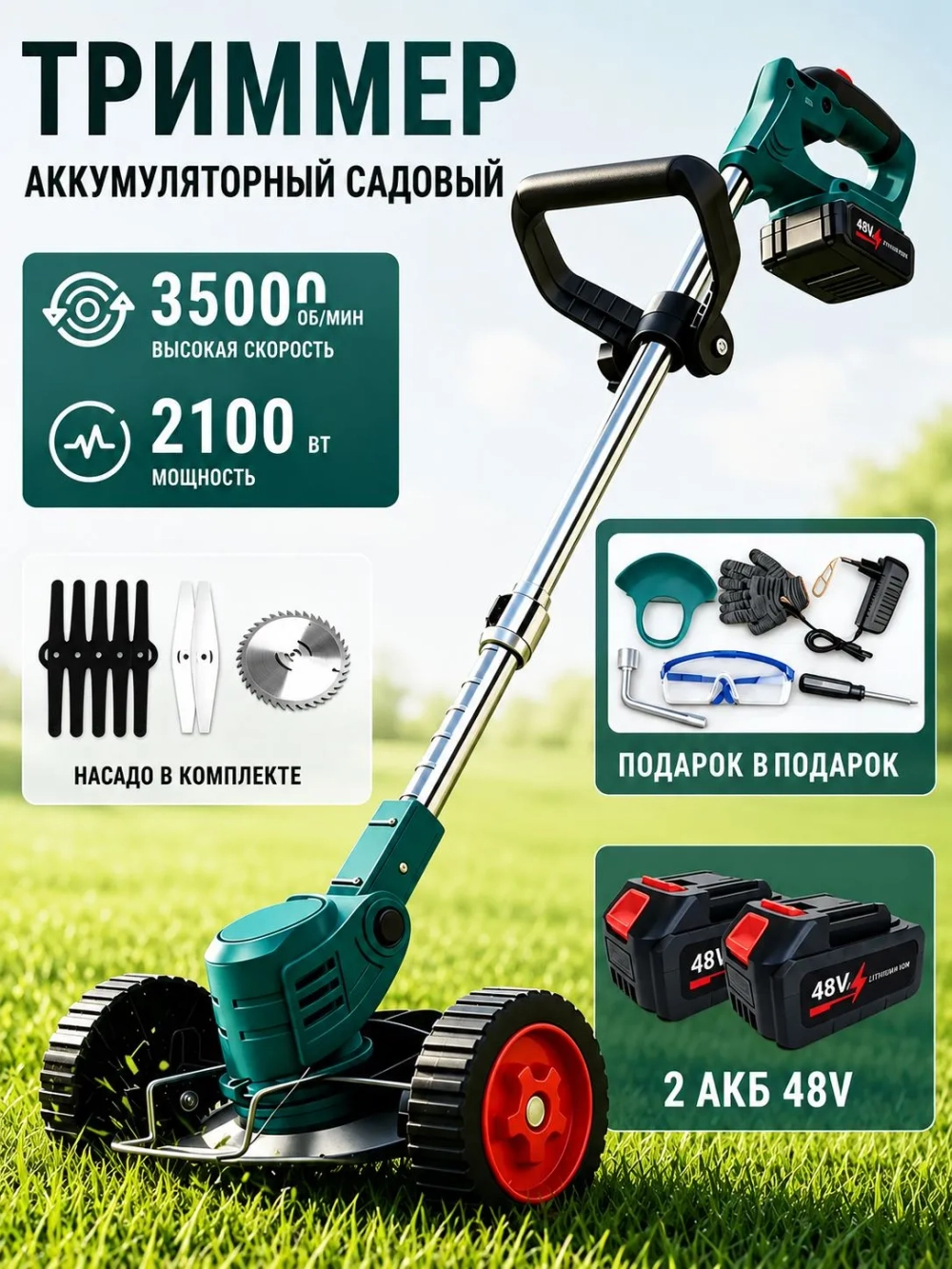 Триммер аккумуляторный садовый, газонокосилка аккумуляторная, для травы