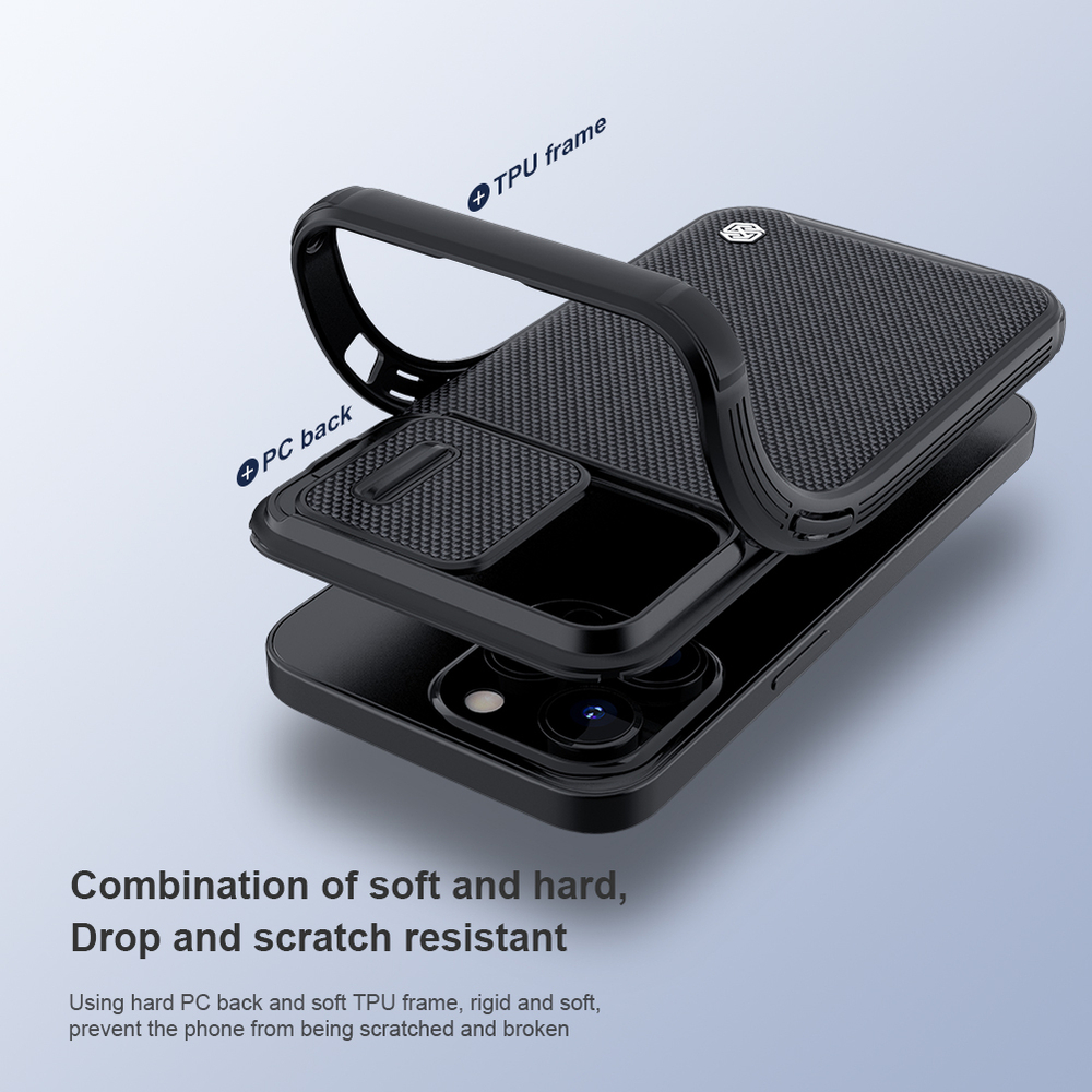 Чехол усиленный от Nillkin для iPhone 13 Pro, серия Textured Case Pro (покрытие нейлонового волокна), сдвижная шторка для защиты камеры