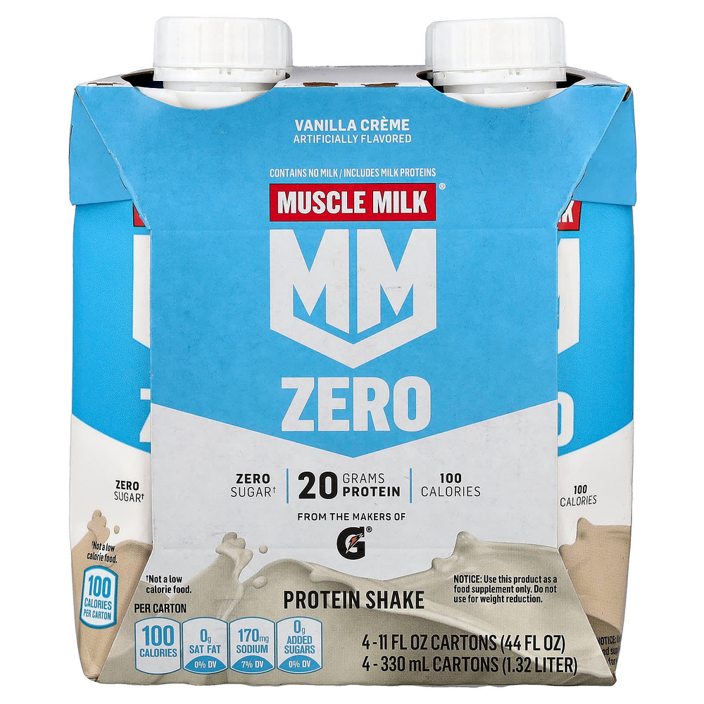 Muscle Milk, Zero, Protein Shake, Vanilla Crème, 4 Cartons, 11 fl oz (330 ml) Each
