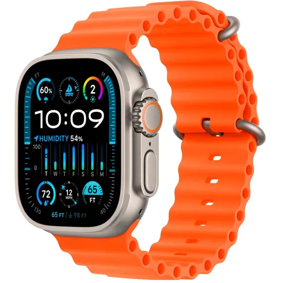 Часы Apple Watch Ultra 2, 2024, 49 мм, титан натурального цвета, ремешок Ocean оранжевого цвета