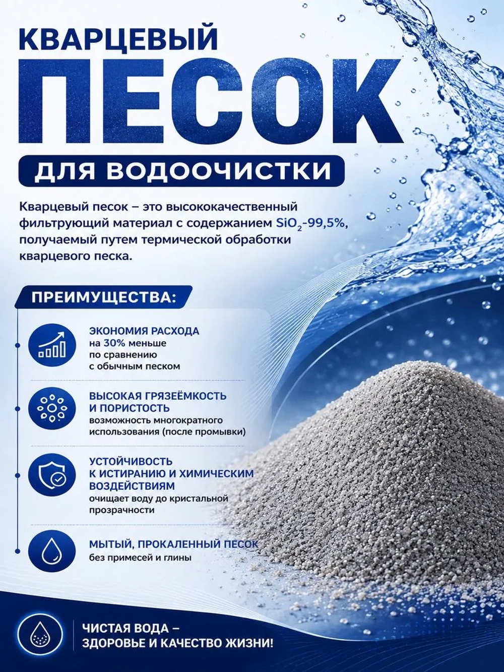 Кварцевый песок для фильтра бассейна 15кг фракция 0.4-0.8мм
