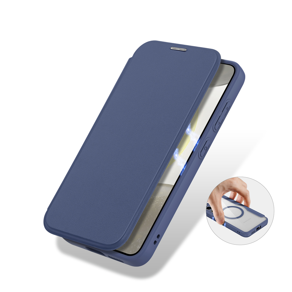 Прозрачный чехол книжка синего цвета с поддержкой MagSafe от Dux Ducis для Samsung Galaxy S24+, серия Skin X Pro Series Case
