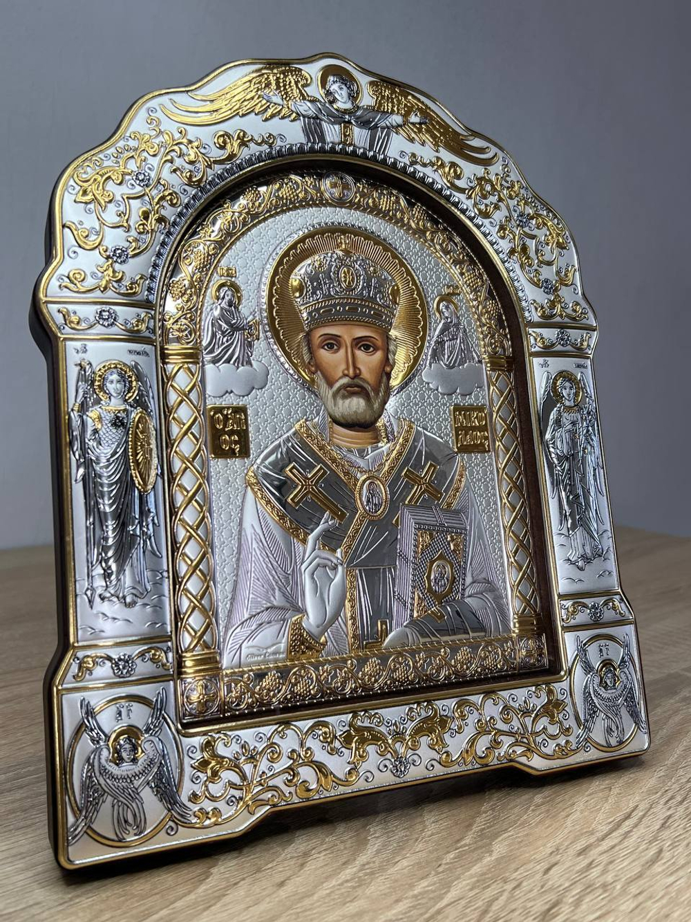 Николай Чудотворец, икона арочная с рамкой под стеклом, красное дерево 266х335
