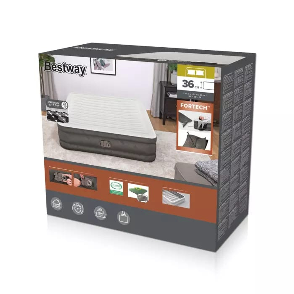 Кровать надувная Fortech Air Mattress Queen Built-in AC pump 203*152*36 cm, Bestway (69133)