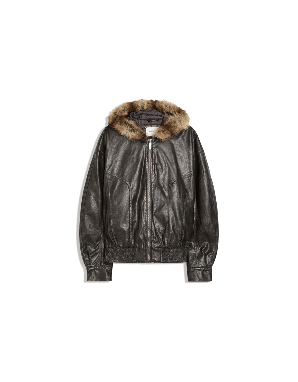 Мужская куртка из искусственной кожи с меховым капюшоном - BERSHKA