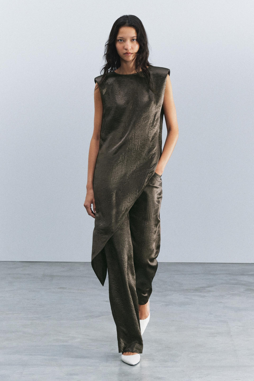 ZARA АТЛАСНЫЙ ТОП ZW COLLECTION, ТЕМНО-ЗЕЛЕНЫЙ
