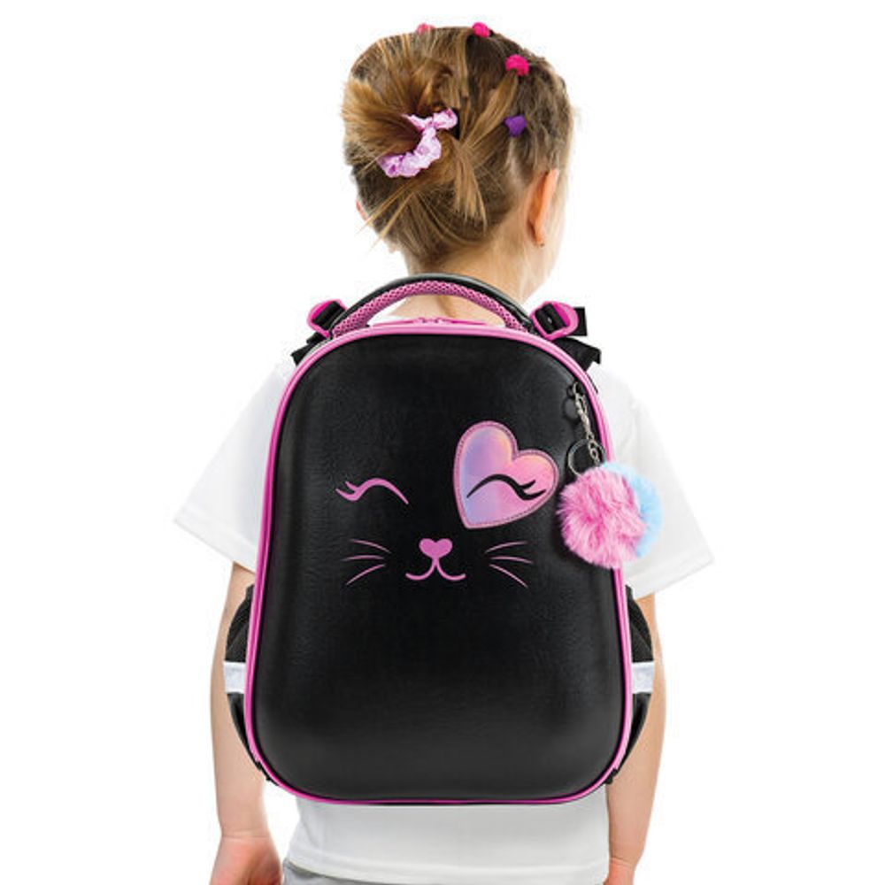 Ранец BRAUBERG SHINY, 2 отделения, с брелком, "Smiling cat", 38х28х14 см, 272040