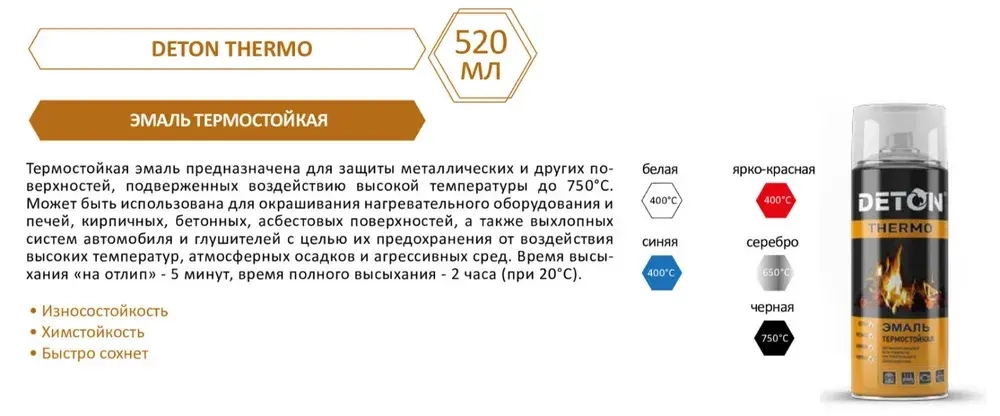 DETON THERMO Аэрозольная эмаль алкидная ТЕРМОСТОЙКАЯ (400°С) Белая 520мл