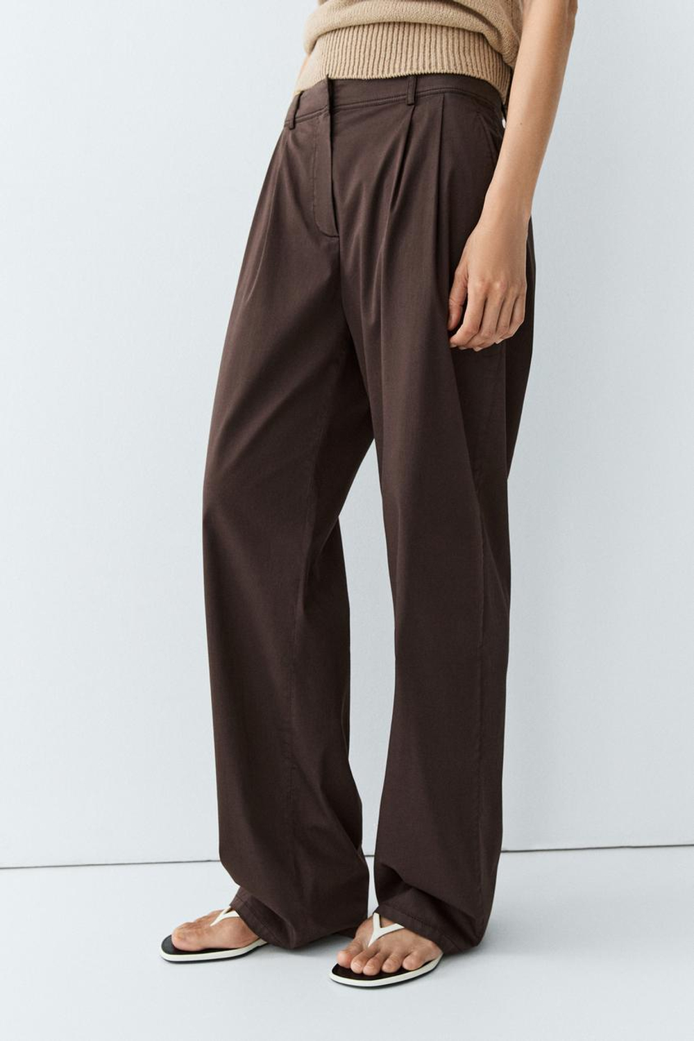 Massimo Dutti Плиссированные брюки из смесовой хлопковой ткани поплин, шоколадный