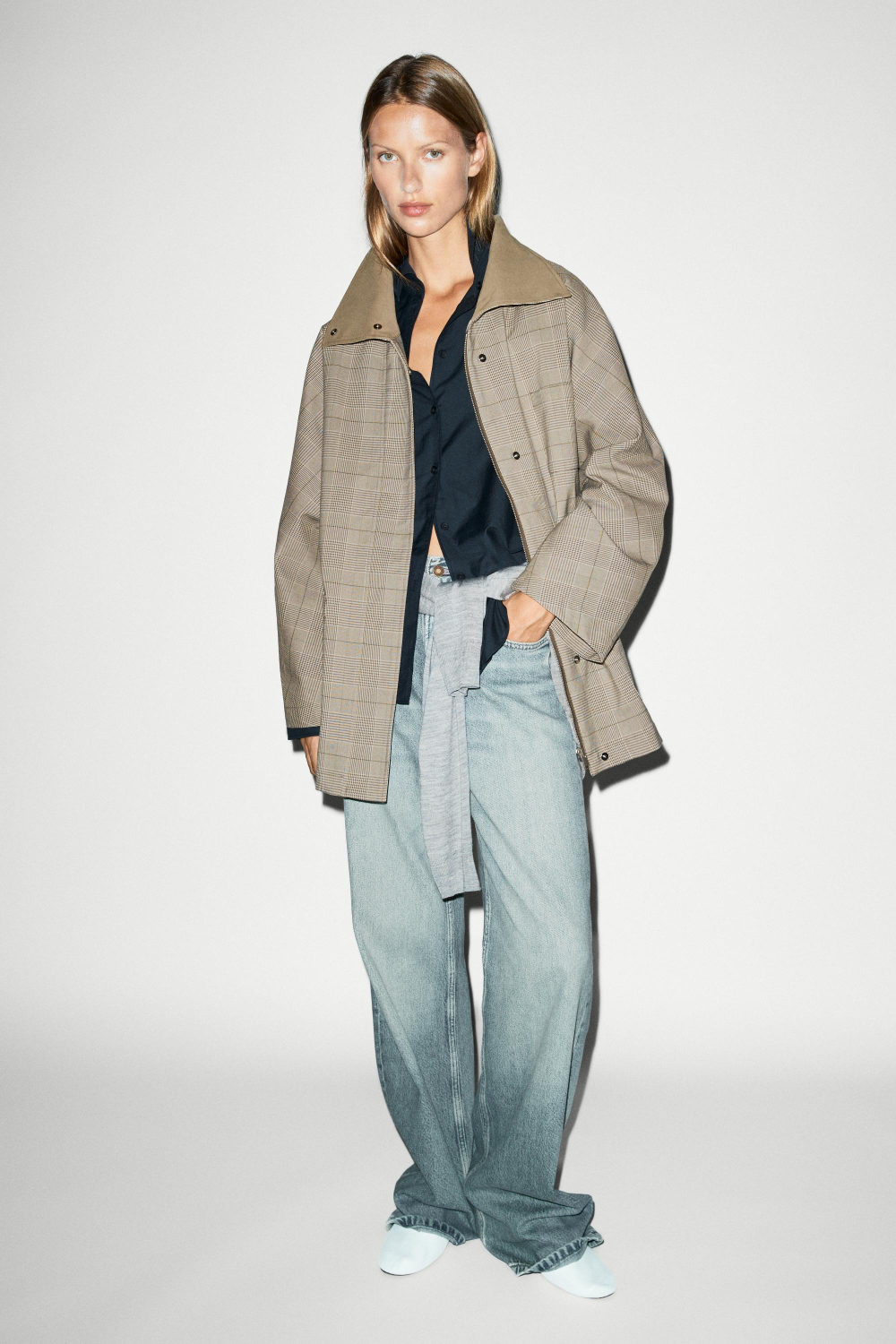 Massimo Dutti Куртка в клетку из смесового хлопка с высоким воротником, хаки