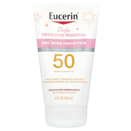 Eucerin, Для детей, минеральный солнцезащитный лосьон для чувствительной кожи, SPF 50, без отдушек, 118 мл (4 жидк. унц.)