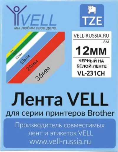 Лента VELL VL-231CH 12мм (черный на белом) ЧИП Vell-231CH