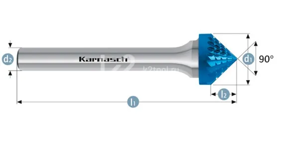 Борфреза твердосплавная Karnasch форма K (зенкер 90°), 3х3х3х38 мм, универсальная насечка HP-3, покрытие Blue-Tec, арт. 11.5111-005