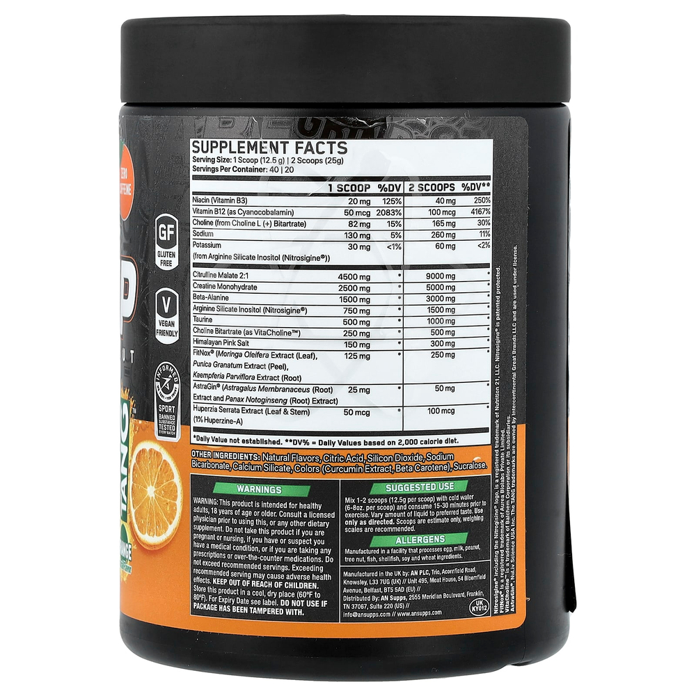 AN Supps, без стимуляторов, предтренировочный комплекс, Tang™, апельсин, 500 г (17,63 унции)