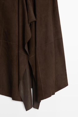 Massimo Dutti Замшевая кожаная юбка миди с оборками, коричневый