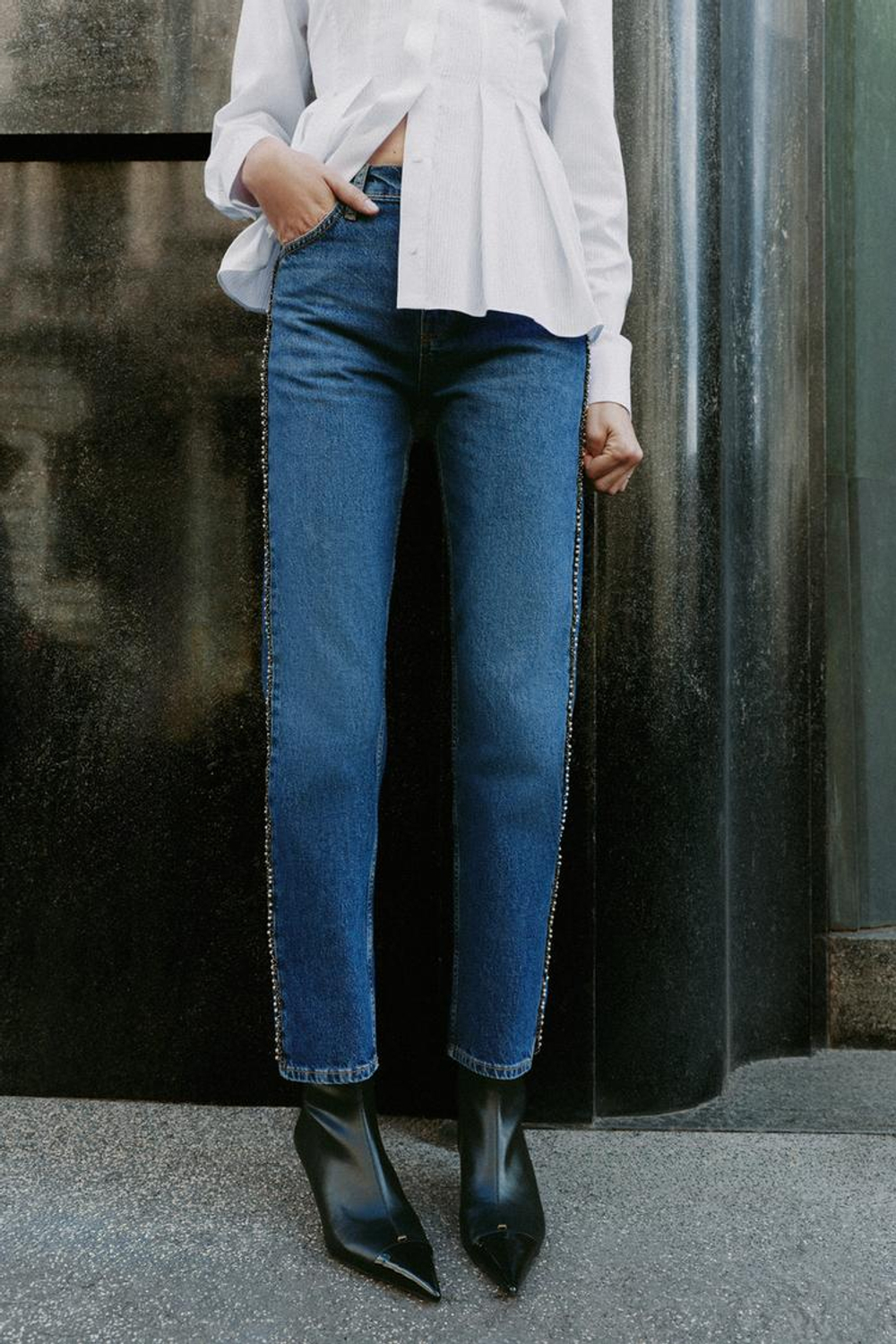 ZARA ДЖИНСЫ Z1975 SLIM STRAIGHT СО СРЕДНЕЙ ПОСАДКОЙ И ЖЕМЧУГОМ, СИНИЙ