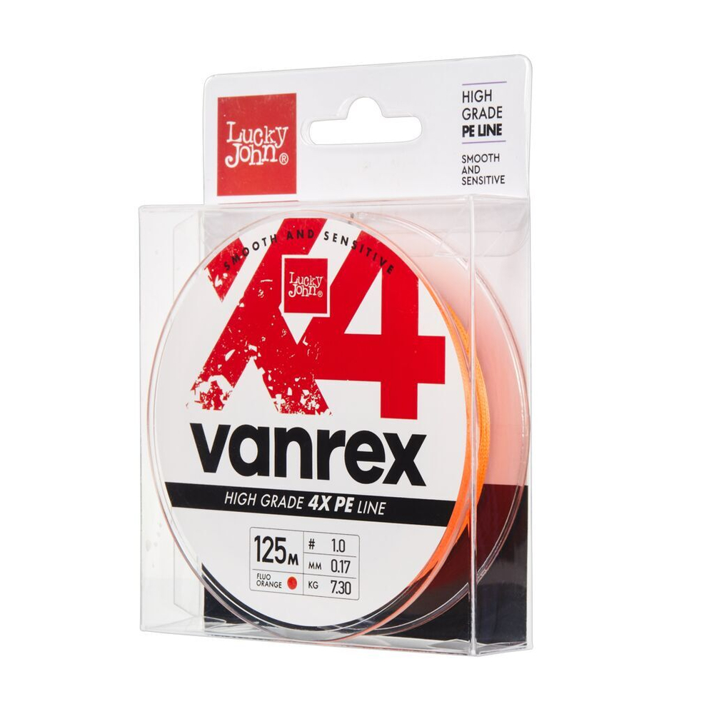 Леска плетёная Lucky John Vanrex х4 BRAID Fluo Orange 125 м, 0,17 мм