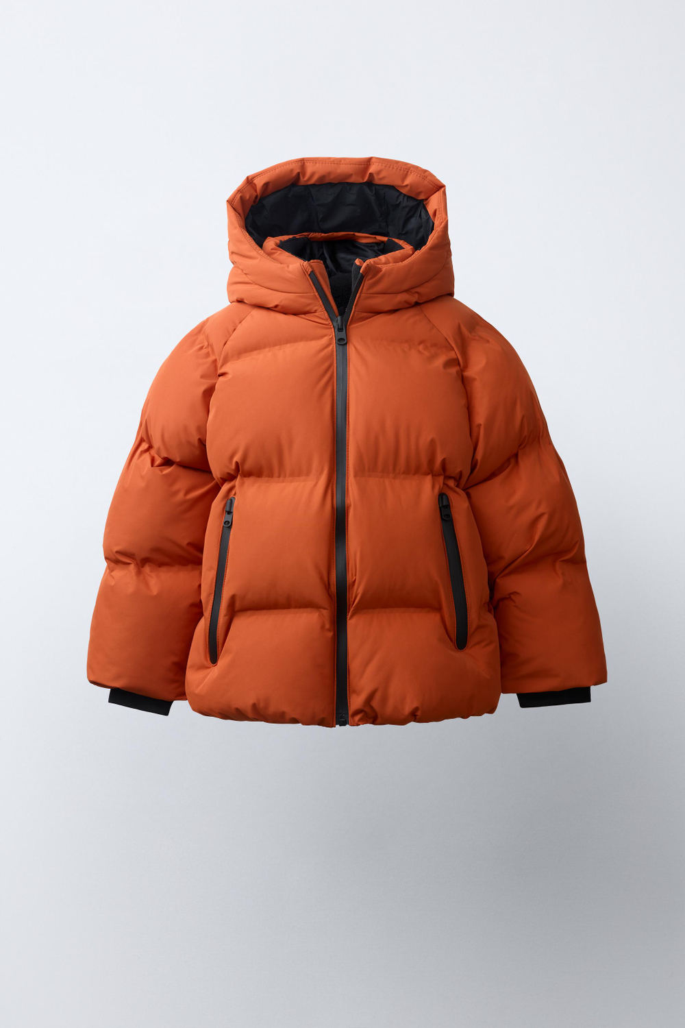 ZARA СТЕГАНОЕ ПАЛЬТО WATER REPELLENT С КАПЮШОНОМ, МЯГКИЙ ОРАНЖЕВЫЙ