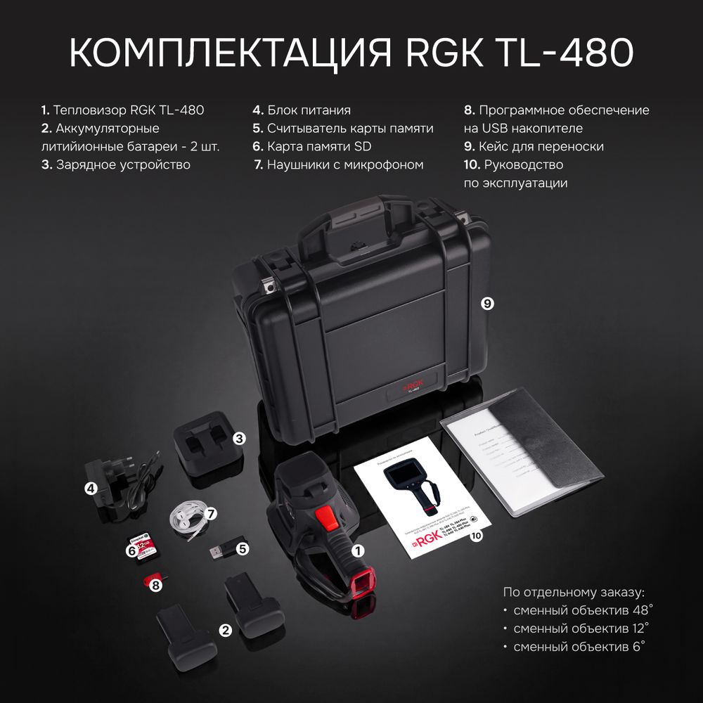 Тепловизор RGK TL-480 с поверкой в комплекте с телеобъективами 12° и 6°, RGK