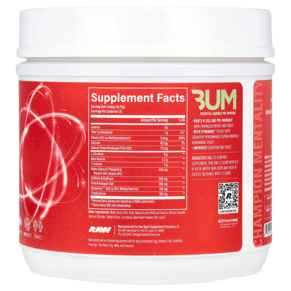Raw Nutrition, Bum Essentials, Essential Charged перед тренировкой, кислый арбуз, 418,75 г (0,92 фунта)