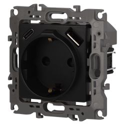 Розетка ЭРА Серия 12 12-4108-05 2P+E 16A-250В со шторками с USB type-A+C 5В-3А антрацит | Эра 12