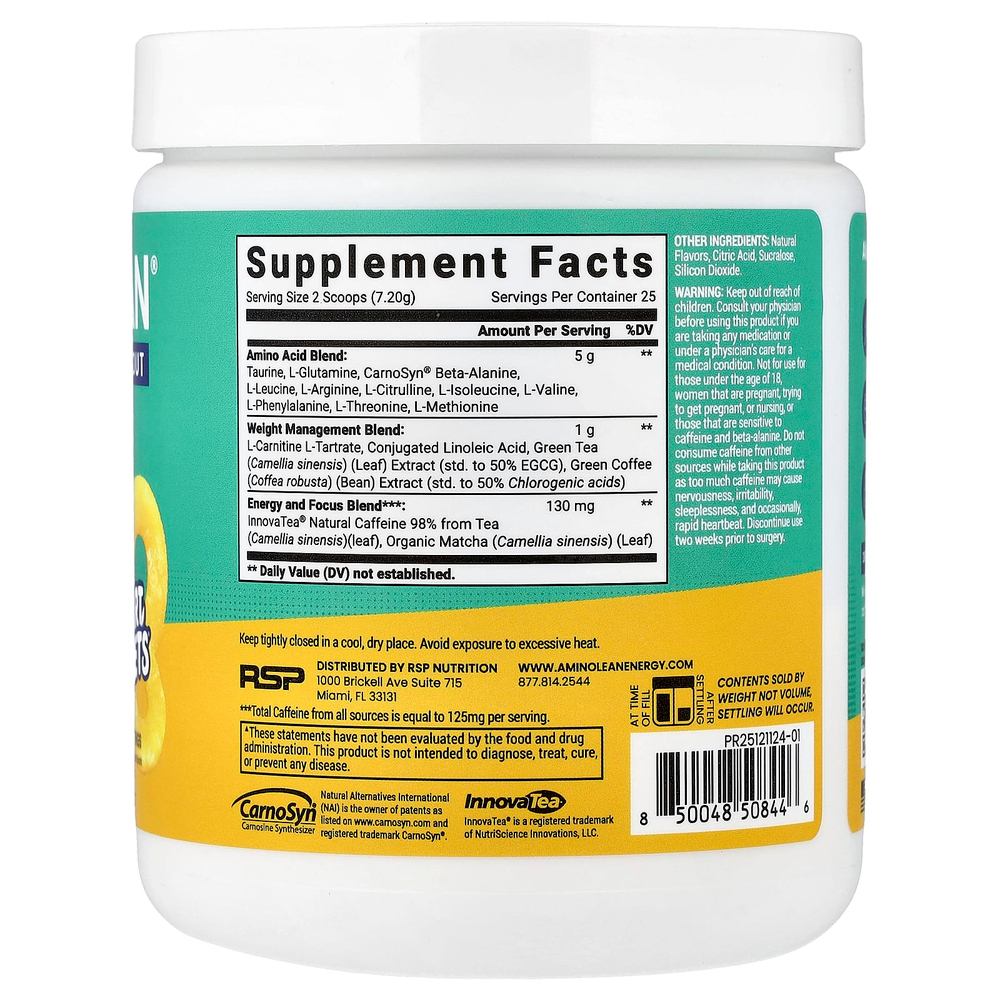 RSP Nutrition, предтренировочная добавка Amino Lean®, со вкусом персика, 180 г (6,35 унции)