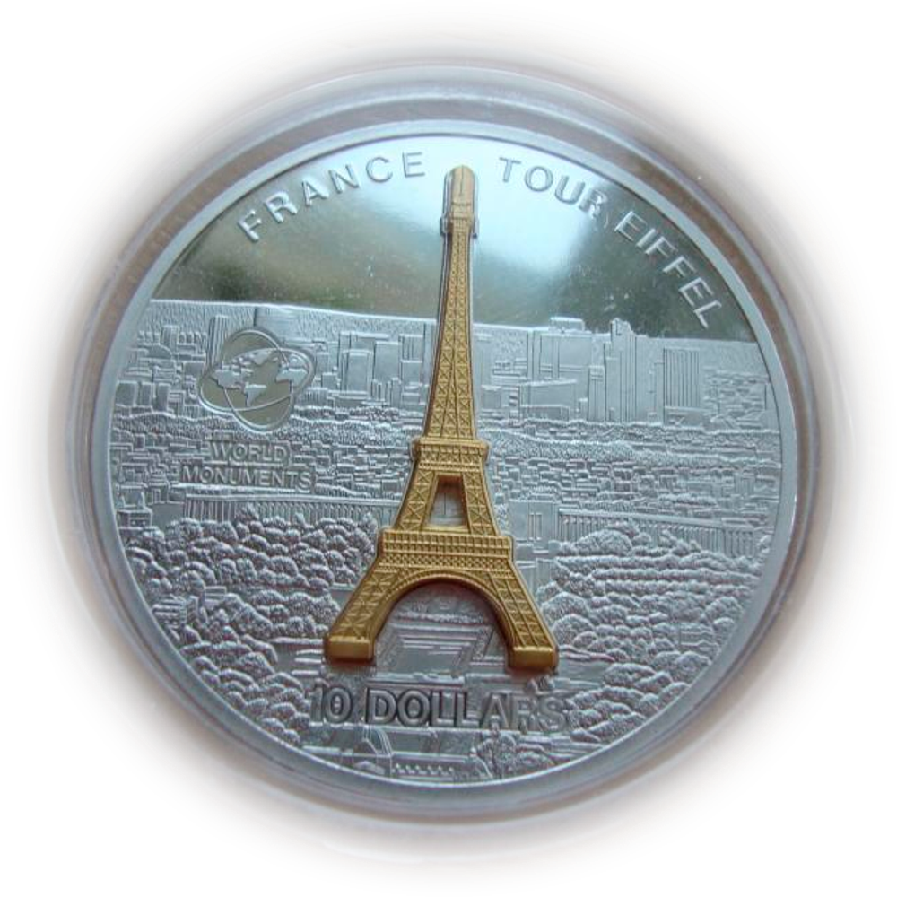 О-ва Кука 10 долларов 2007 Франция Эйфелева башня Мировые памятники 3D СЕРЕБРО