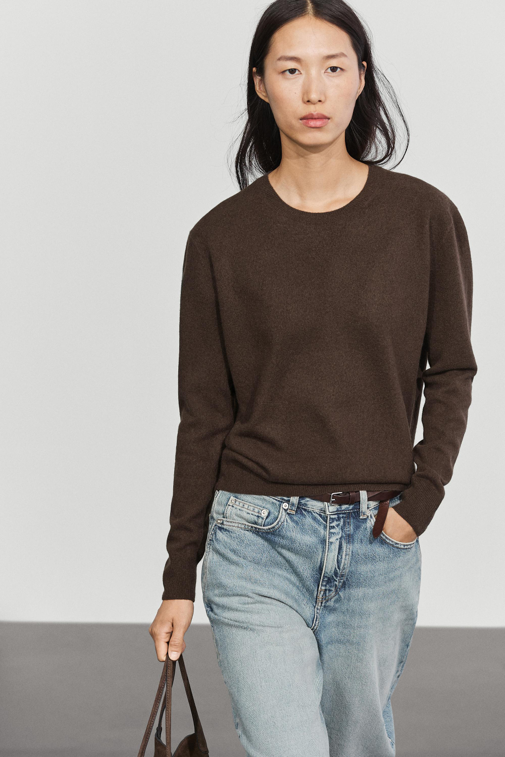Massimo Dutti Вязаный свитер с круглым вырезом из смесовой шерсти, пестро-коричневый