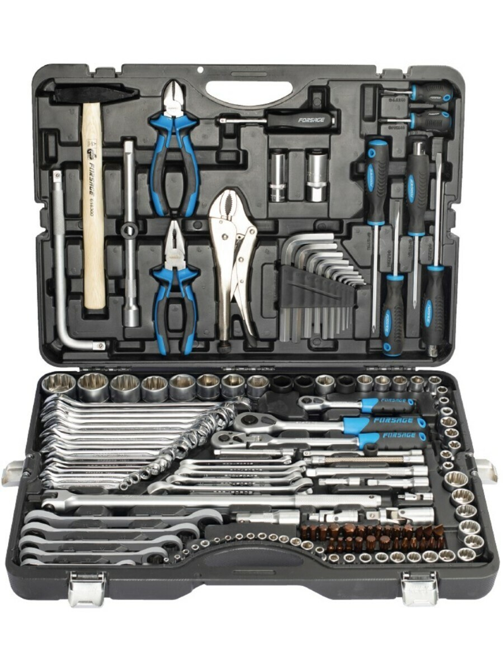Набор инструментов 142+6пр. 1/4''3/8''1/2''(6-гран.)(4-36мм, 27,30,32,36-12гр.)+(ключи трещоточные:8х10,12х13,14х15,16х17,18х19мм, бокорезы-7'') Forsage F-41421-5 Premium