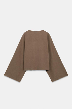 ZARA ХЛОПКОВАЯ ФУТБОЛКА С ШИРОКИМИ РУКАВАМИ, СЕРО-КОРИЧНЕВЫЙ