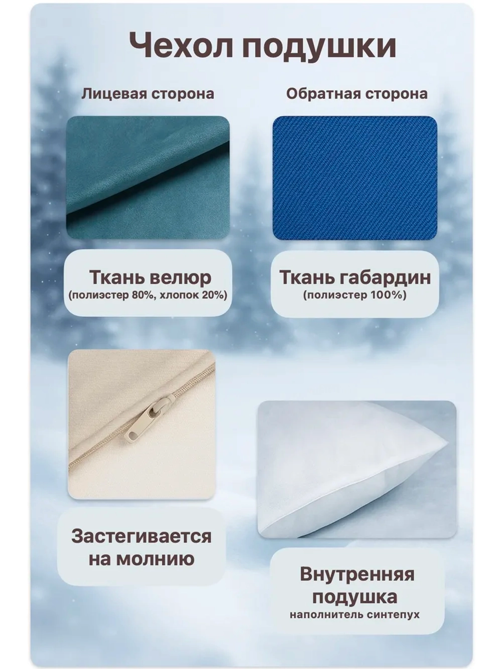 Подушка декоративная 40х40 Белый зимний лес велюр