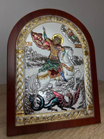 Георгий Победоносец, икона арочная, красное дерево, эмаль  60х75
