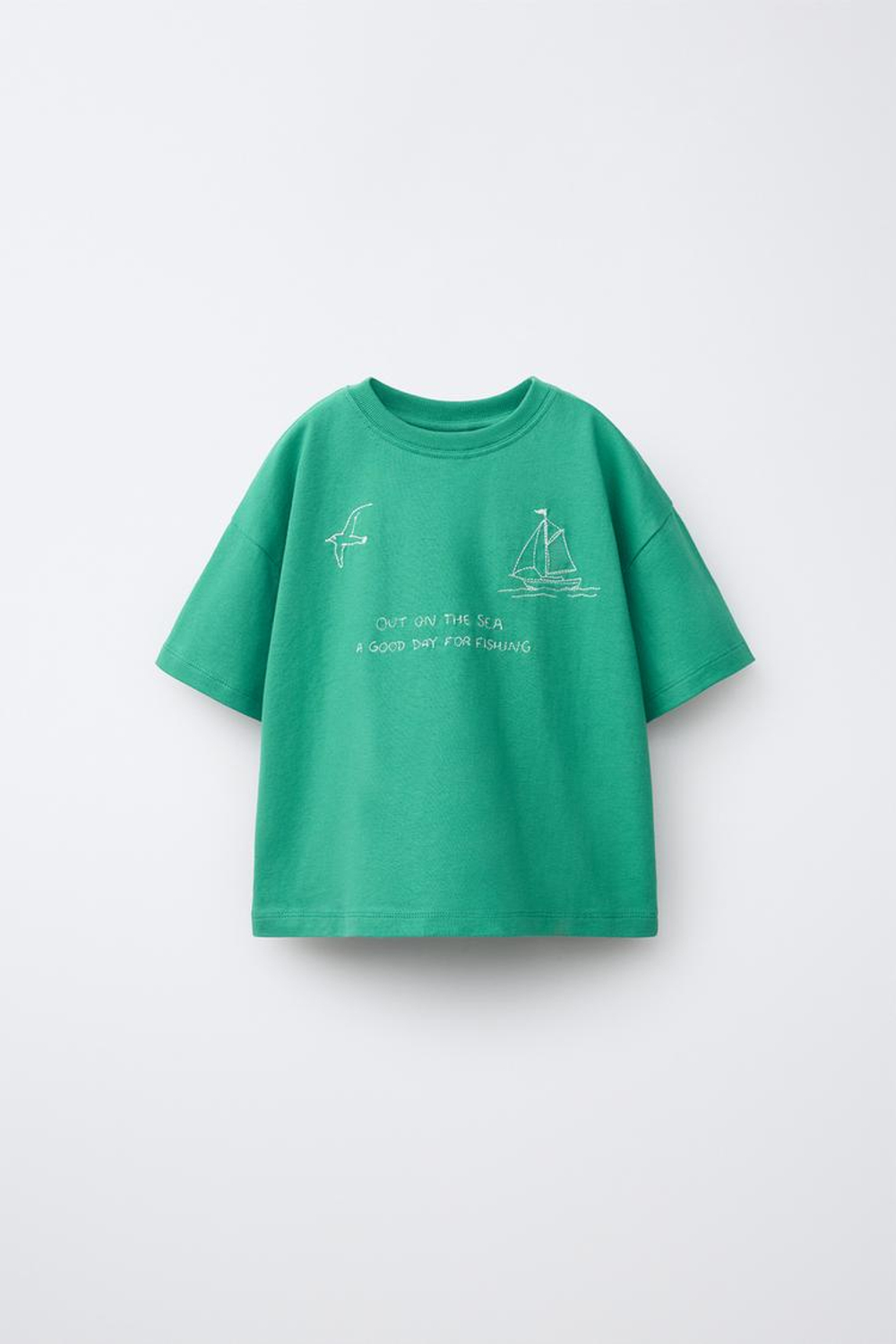 ZARA ФУТБОЛКА С ВЫШИВКОЙ ПАРУСНИК, ЗЕЛЕНЫЙ