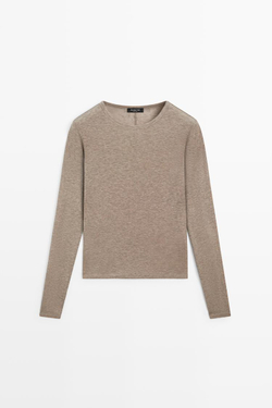 Massimo Dutti Футболка с длинными рукавами из шерстяной смеси, серо-коричневый