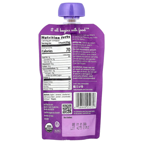 Love Child Organics, Nature's Path, органическое детское пюре, для детей от 6 месяцев, яблоки, бананы, голубика, 113 г (4 унции)