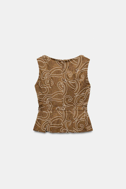 ZARA ТОП С ВЫШИВКОЙ И ПОЯСОМ, МЯГКИЙ КАШТАНОВЫЙ