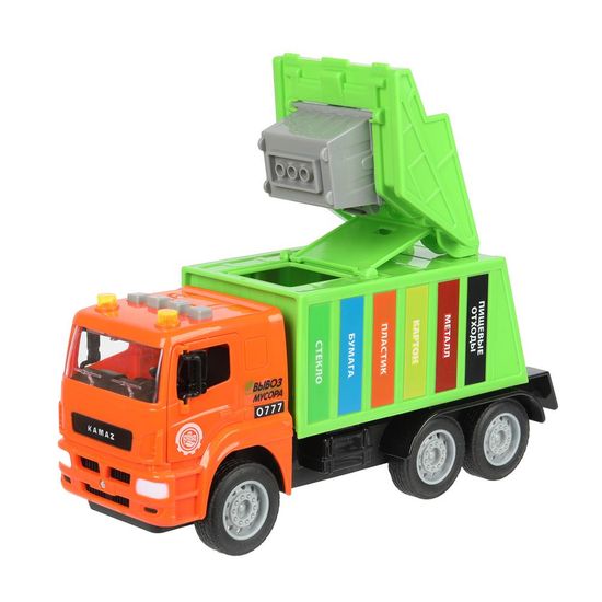 Машина пластик свет-звук KAMAZ МУСОРОВОЗ 30 см, бачок, двер, инер, зел, кор. Технопарк
