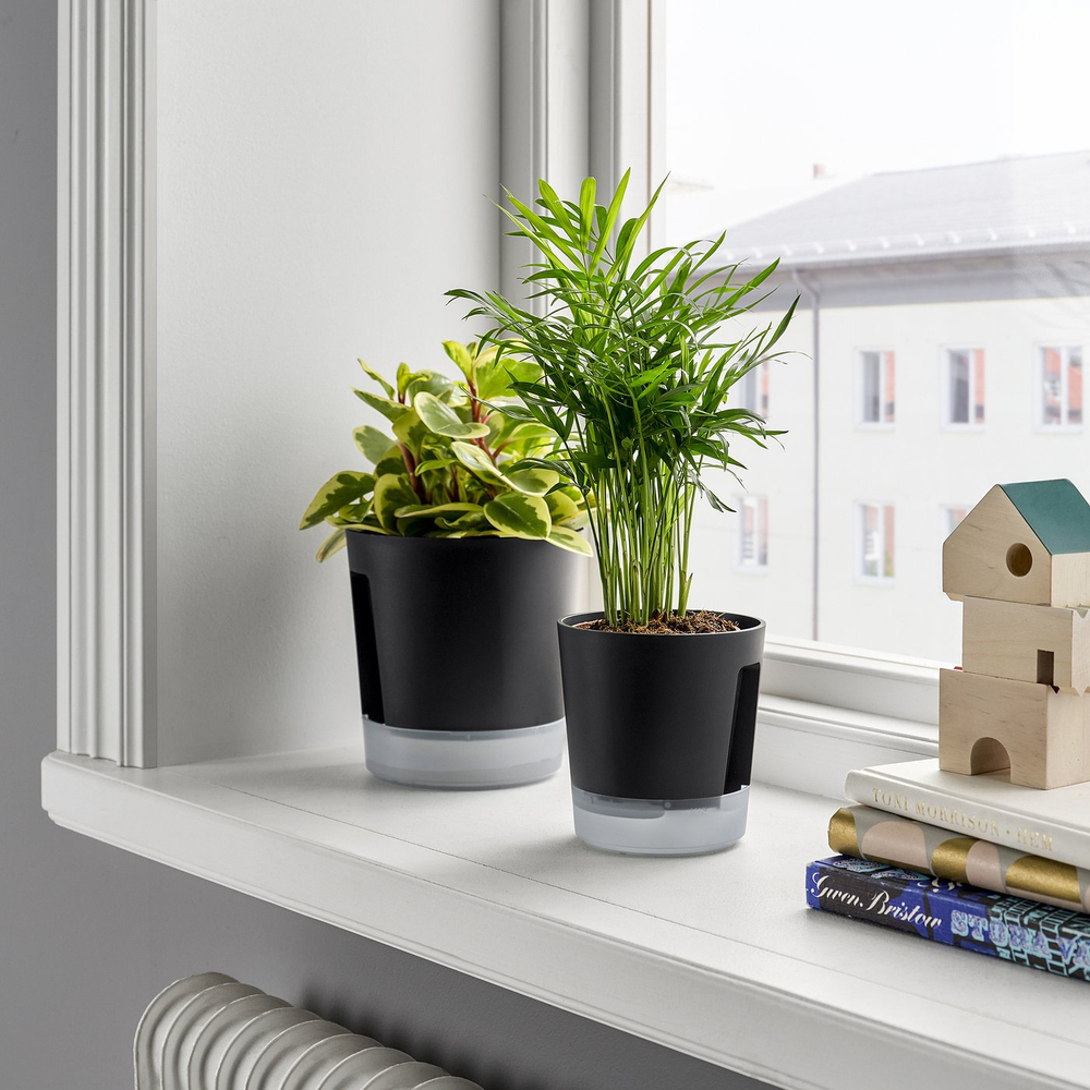 IKEA VÅRDTRÄD  (ИКЕА ВОРДТРЭД)  -  Кашпо с автополивом - для дома/улицы прозрачный/антрацит 9 см