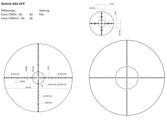 Прицел Gaut Obsidian 1-8x24, сетка 62 (Half MD), 1/2 МОА