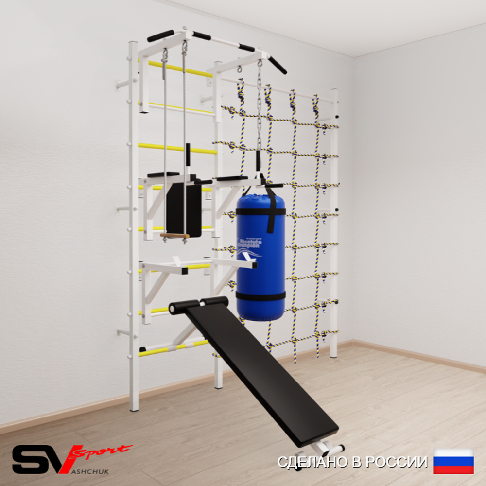 Шведская стенка Sv Sport усиленная 69310 (Турник стандарт/Брусья/Стойка/Скамья/Трапеция/Цепь/Мешок 15кг/Канатный лаз)