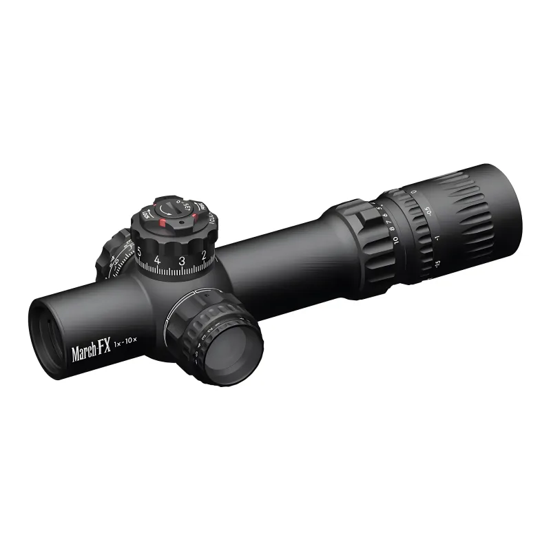 Прицел March-FX 1-10x24 Shorty DR-TR1F FFP+SFP 34мм - вид сбоку в три четверти, барабаны ввода поправок