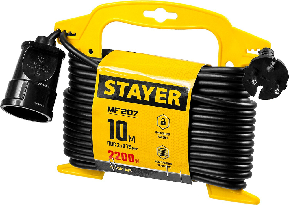 Удлинитель на рамке ″MF 207″, 10 м, 2200 Вт, 1 гнездо, ПВС 2х0,75 мм2, STAYER