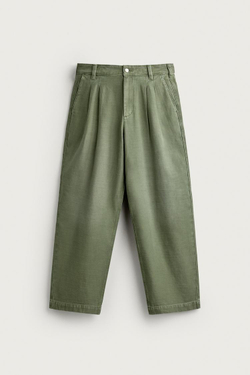 ZARA БРЮКИ ЧИНОС BAGGY FIT СО СКЛАДКАМИ, МЯГКИЙ ЗЕЛЕНЫЙ