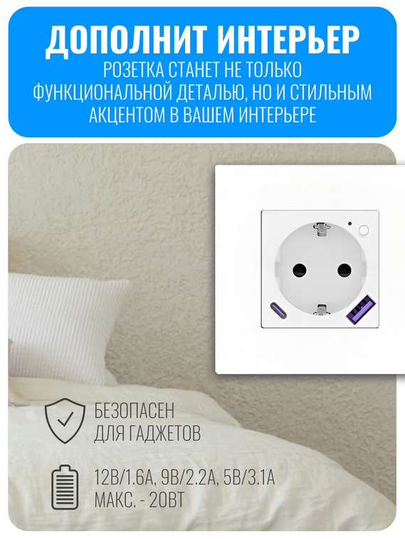 Умная Wi-Fi розетка с зарядным устройством USB и Type-C Smart Aura серия Classic без рамки