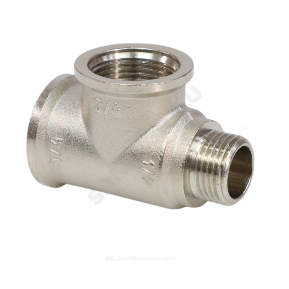 Тройник латунь никель переходной Ду 20х20х15 (3/4"х3/4"х1/2") ВР/ВР/НР VALFEX VF.134.N.034.034.012