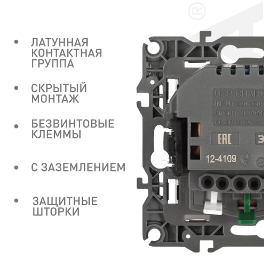 Розетка ЭРА Серия 12 12-4109-06 2P+E 16A-250В штор. с 2xUSB 5В-3А чёрный | Эра 12