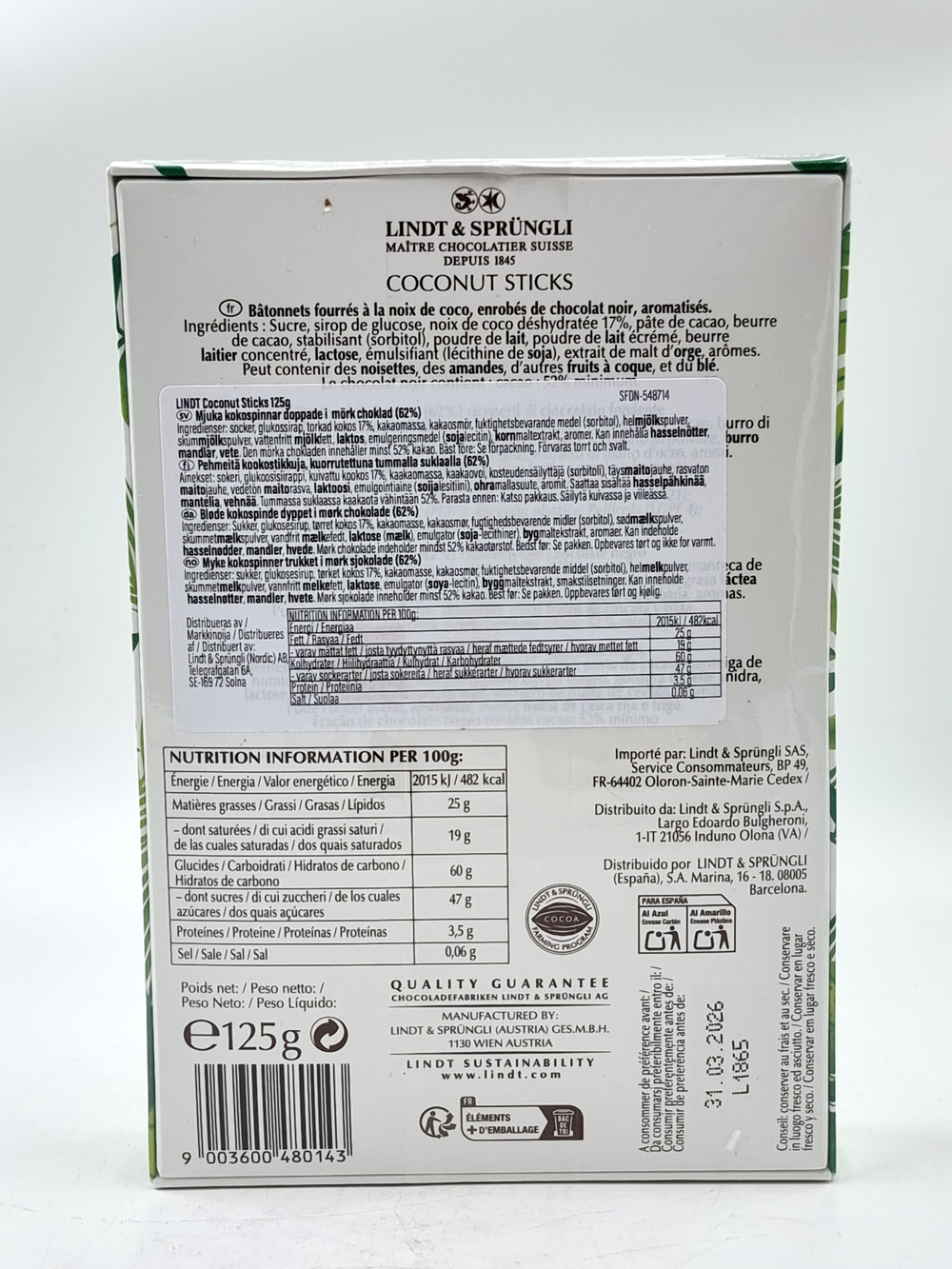 Кокосовые палочки в шоколаде Lindt Choco Fruits Coconut Sticks 125 г (из Финляндии)