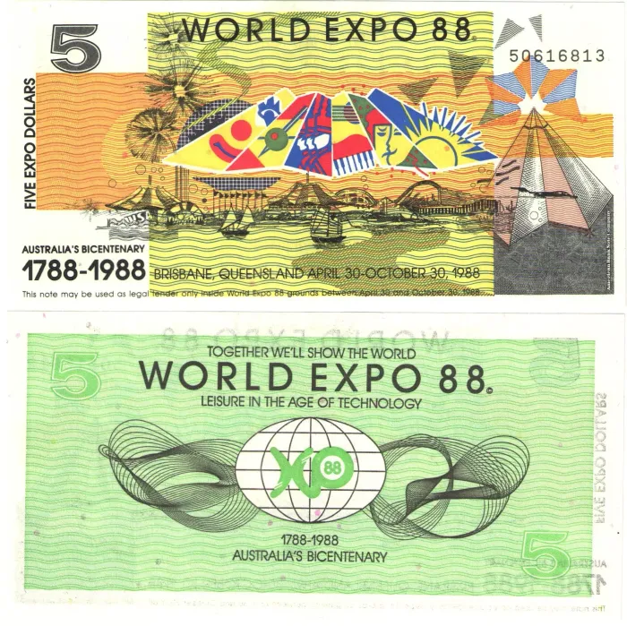 5 экспо долларов 1988 Австралия (для участников EXPO 88) 5 экспо долларов 1988 Австралия (для участников EXPO 88)